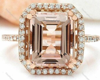 14K Rose Gold Emerald Cut Morganite Halo Ring, Vintage Peach Bridal Promise