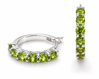Peridot Hoop Ohrringe 10k Weißgold, Grüner Edelstein Valentinstag Geschenk