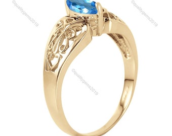 14k Yellow Gold Blue Topaz Ring Marquise Gemstone Ring