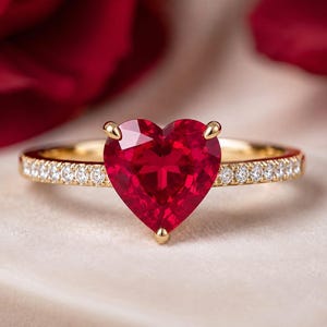 14K Gold Heart Shape Ruby Ring, Diamond Accent Band, Engagement Promise Ring