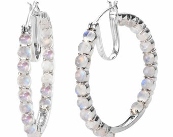 Sterling Silver Rainbow Moonstone Hoop Earrings, Celestial Huggie Jewelry