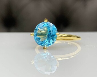 Natural Blue Topaz Ring Round Cut gemstone Yellow Gold Plated 925 Silver Ring Birthstone Jewelry Wedding Band Gemstone Gift