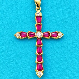 14K Gold Ruby Cross Pendant, Ruby & Diamond Pendant, Religious Cross Jewelry, 925 Sterling Silver Pendant, Gift for Her