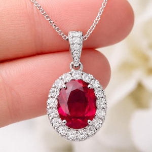 Colgante ovalado de rubí en oro macizo de 10 quilates, collar con halo de diamantes, plata de ley 925.