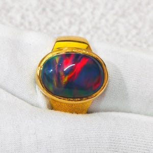 Natural Australian Black Opal 14k Yellow Gold plated engagement ring, Men's Ring Gift For Husband