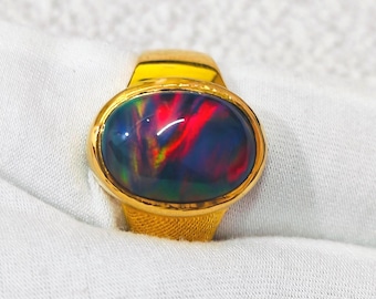 14K Yellow Gold Australian Black Opal Ring | Handmade October Birthstone
