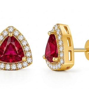 Ruby Trillion Cut Halo Stud Earrings, 18K Gold, Diamond Accent