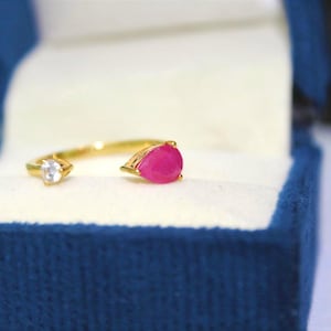 Natural Ruby Ring, Moissanite Gold Ring, Wedding Rings, Adjustable Engagement Rings, Pear shape Rings, Gold Plated Personalized Jewelry