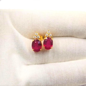 14k Yellow Gold Ruby Diamond Stud Earrings - Oval Cut Earrings