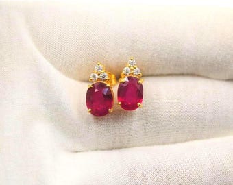 14k Yellow Gold Ruby Diamond Stud Earrings - Oval Cut Earrings