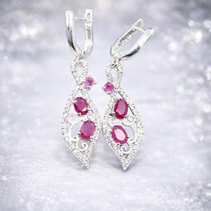 Ruby & Moissanite Earrings | Emerald Silver Leaf-Shape Earrings | Handmade Gemstone Jewelry | Gift for Her