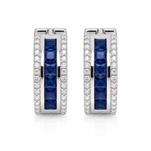 Natural Blue Sapphire & Diamond Huggie Hoop Earrings, 14K White Gold, Gift for Her
