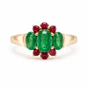 14K Gold Emerald Ruby Cluster Ring, Vintage Inspired Engagement Ring