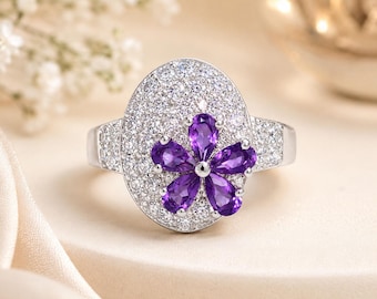 Sterling Silber Amethyst Blume Ring, Diamant Cluster-Erklärung, Vintage Frauen Schmuck