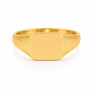 Op de afbeelding: Een gouden zegelring met een getextureerde band en een glad, rechthoekig vlak. De ring is gemaakt van glanzend, geel metaal en staat tegen een witte achtergrond. Een klassiek sieraad.