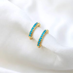 Tiny Earrings Natural Turquoise Hoop Earrings for Women, 14k Yellow Gold Plated Silver Engagement Earrings, Elegant Jewelry Gift