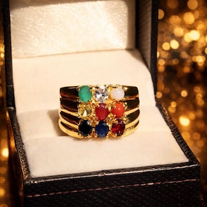 28.70 Ct Natural Navratna Multi Color Gemstone Men's and Women's ring Oval shape 925 Sterling Silver Yellow Gold Plated Ring