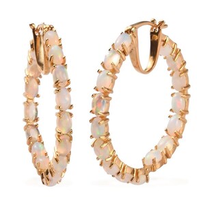 14K Gold Natural Ethiopian Opal Hoop Earrings | Oval Opal Gold Hoop Earrings | 925 Sterling Silver | Statement Hoop Earrings Gift for Her