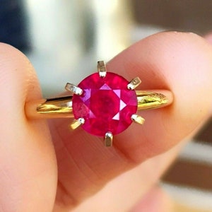 Natural Red Ruby Engagement Ring 14k Yellow Gold - Round Cut Gemstone Love Gift Jewelry