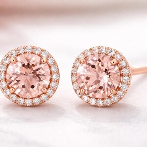 14K Rose Gold Morganite Halo Stud Earrings with Diamond Accent