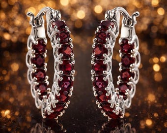 Natural Garnet Hoop Earrings | 925 Sterling Silver Huggies, January Birthstone