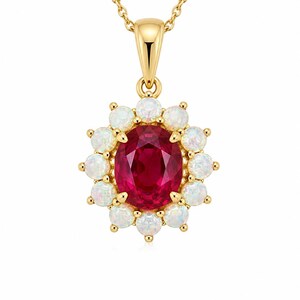 May include: A yellow gold pendant necklace featuring a central oval-cut deep red ruby surrounded by a halo of twelve round white opals. The pendant is suspended from a delicate yellow gold chain, showcasing a classic floral-inspired arrangement.