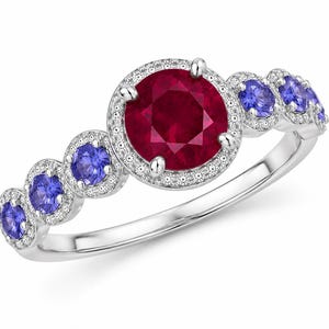 14k Gold Natural Ruby Engagement Ring Tanzanite Diamond Halo Ring