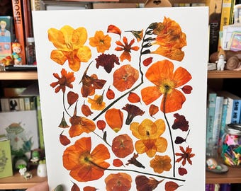 May include: A botanical art print featuring a collection of pressed orange and yellow flowers and leaves. The arrangement includes various shapes and sizes of petals and foliage, creating a detailed and natural composition on a white background.