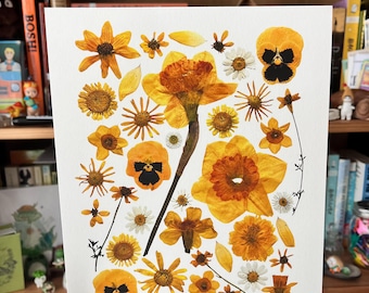 Impresión artística de flores prensadas amarillas: Impresión giclée, pensamiento, margarita (20,3 x 25,4 cm)