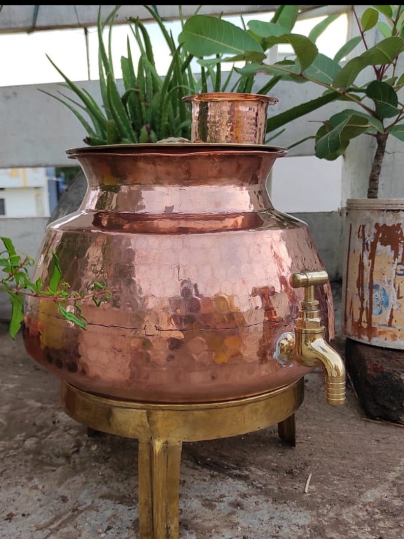 Pure copper water dispenser with brass Lid and stand /Handmade Etsy