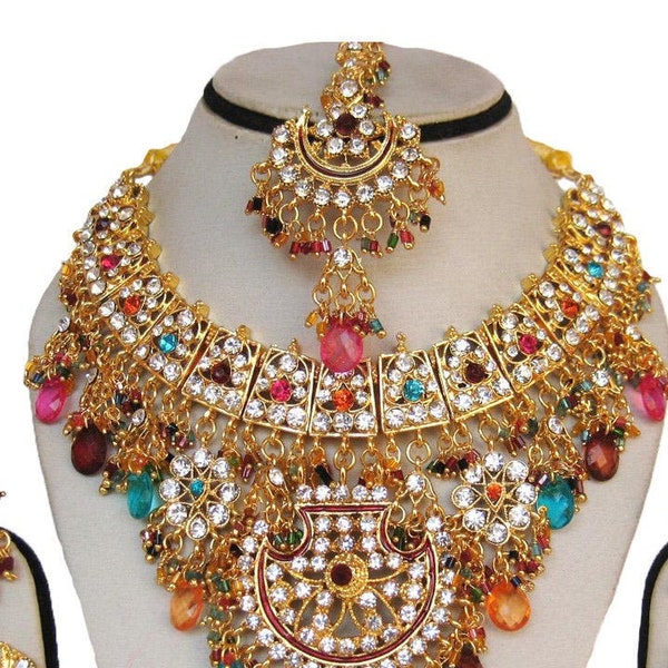 Gold Plated Handmade Kundan Jewelry, Bollywood Necklace Jewelry Set, Earring Tikka Set, Zirconic Jewelry Set, Multicolor Kundan Jewelry