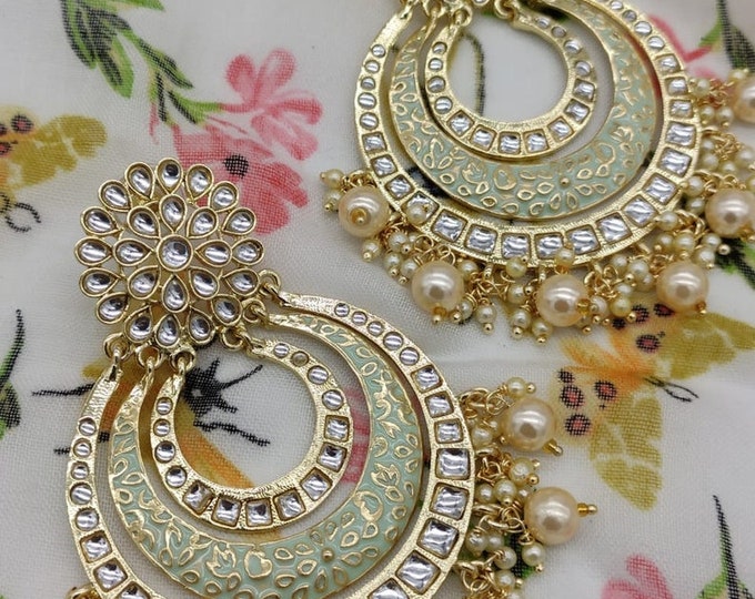 Mint Green Style Kundan Jhumki Chandbali Earrings Set, Gold Toned