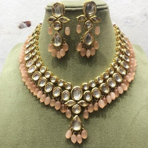 Royal kundan simple necklace set, blue kundan factory necklace, pink kundan necklace, peach kundan necklace, simple kundan jewellery, punjabi jewels