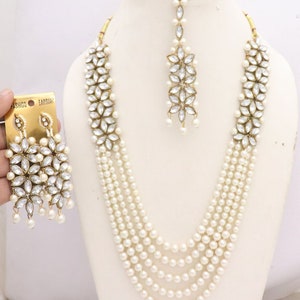 Pearls Long Necklace Earrings, Indian Rani Haar CZ Necklace Earrings Tika Jewelry Set, Indian Jewelry Set, Bridal Jewelry Set Handmade Set