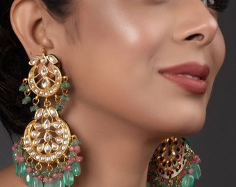 Green Kundan Earrings | Bollywood Jewelry | Indian Jewelry | Christmas Gift | Fine Kundan | Indian Chandbali |Statement | Hoop earrings