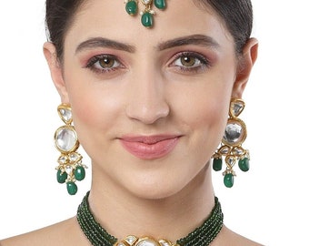 Green Kundan choker set/Indian Kundan set/Indian jewelry/Indian kundan choker/Indian Wedding Necklace set/Designer Kundan choker/Green Pearl