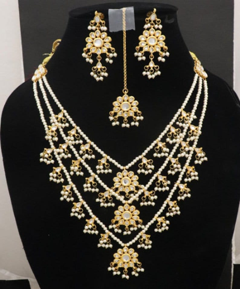 3 Layers Pearls Necklace Earrings Tika Tikka Jewelry, Indian Kundan Pearls Jewelry Jewellery, Handmade Bridal Jewelry Jewellery Unique Set image 2