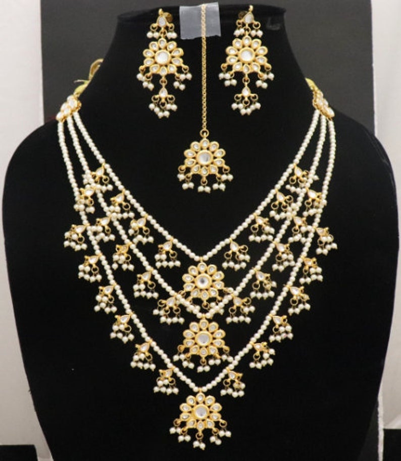 3 Layers Pearls Necklace Earrings Tika Tikka Jewelry, Indian Kundan Pearls Jewelry Jewellery, Handmade Bridal Jewelry Jewellery Unique Set image 1