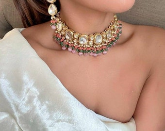 Elegante conjunto de gargantilla kundan/gargantilla Pastel Kundan/conjunto de gargantilla Kundan de diseñador/conjunto Pastel Color Kundan/conjunto Kundan simple/conjunto kundan naranja/rosa