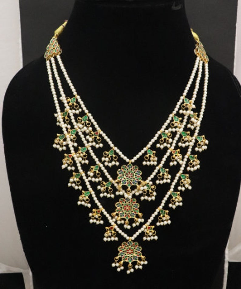 3 Layers Pearls Necklace Earrings Tika Tikka Jewelry, Indian Kundan Pearls Jewelry Jewellery, Handmade Bridal Jewelry Jewellery Unique Set image 4