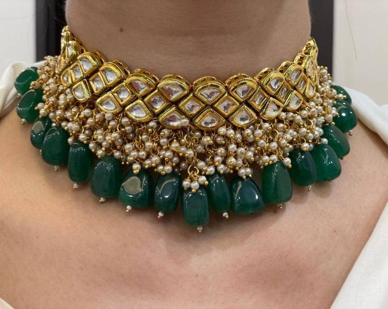Green kundan choker best sale set
