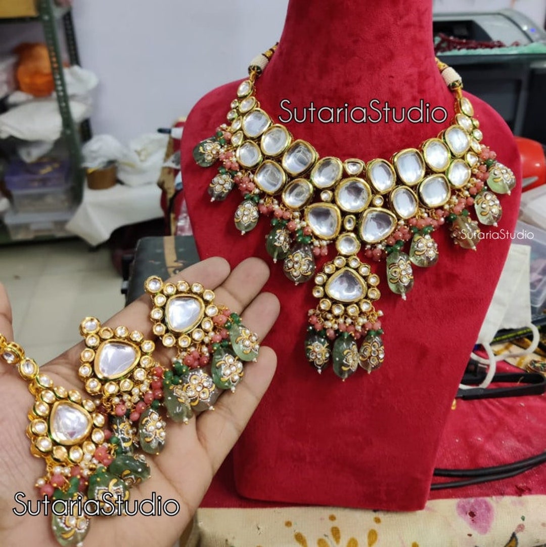 Sabyasachi Inspired Designer Kundan Set, Green Kundan Choker, Kundan