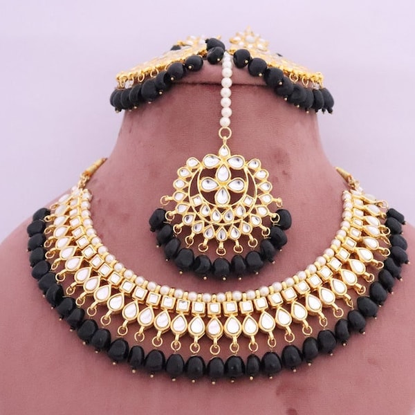 Black Kundan Necklace Earrings Tika Jewelry Set, Gold Plated Traditional Indian Jewelry, Bridal Necklace Set, Statement Pakistani Jewelry