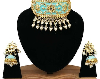 Stylish Indian Traditional Wedding Designer Kundan Choker Necklace Jewelry With Beautiful Earrings