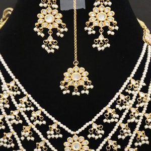3 Layers Pearls Necklace Earrings Tika Tikka Jewelry, Indian Kundan Pearls Jewelry Jewellery, Handmade Bridal Jewelry Jewellery Unique Set image 3