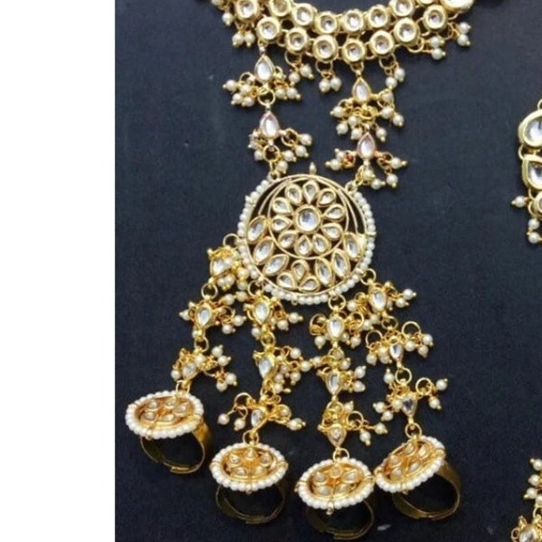 Hath panja Single/ hathphool/ Hand Jewelry Set with 4 Rings/ Kundan and Pearl Beaded Handmade Jewelry/ Adjustable Ring/Gold Plated Jewelry