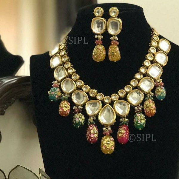 Tanjore kundan necklace set, simple kundan set, multi color kundan set, meena kundan necklace set, Indian kundan jewellery