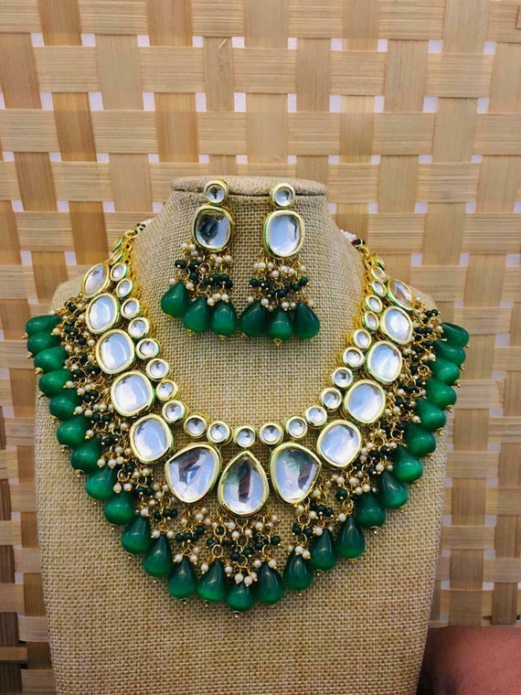 Indian Bollywood Bridal Fashion Jewelry Set Dark Green Emerald Kundan  Necklace | eBay