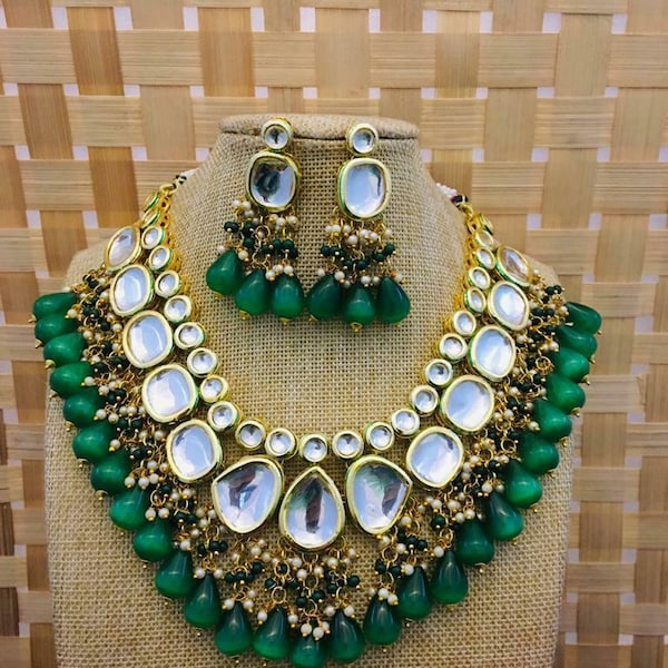 Emerald Green Kundan Gold Plated choker set/Designer sabyasachi inspired kundan set/Kundan wedding set/Sabyasachi Jewelry/Light Kundan set