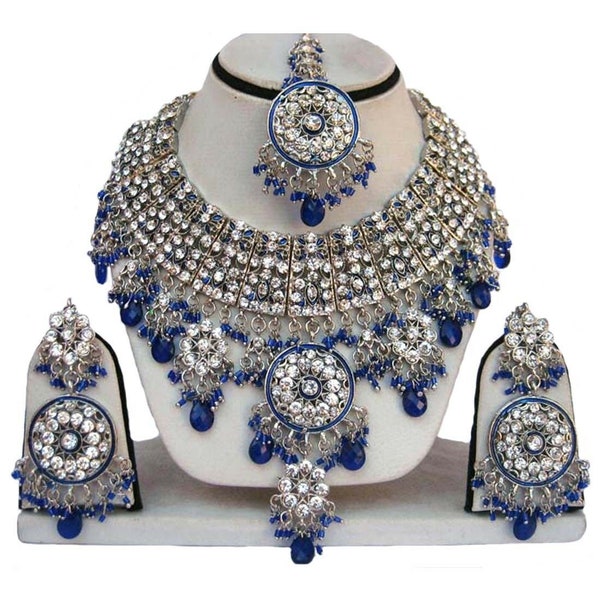 Bijoux kundan faits main en plaqué argent, ensemble de colliers Bollywood zerconic, ensemble de boucles d'oreilles Tikka, bijoux pakistanais, parure de mariage de créateur